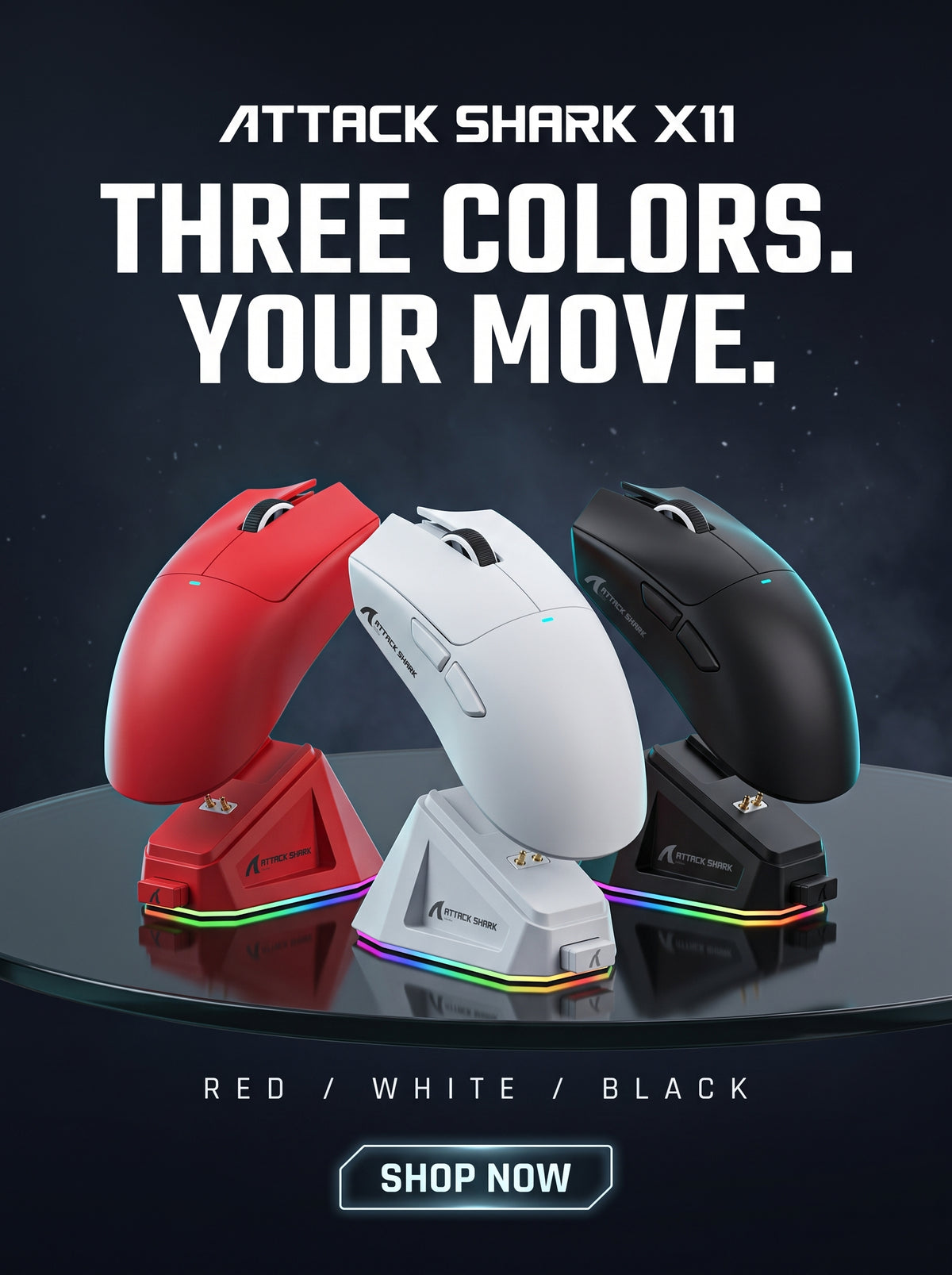 ATTACK SHARK X11 wireless gaming mouse in red, white and black on RGB charging docks