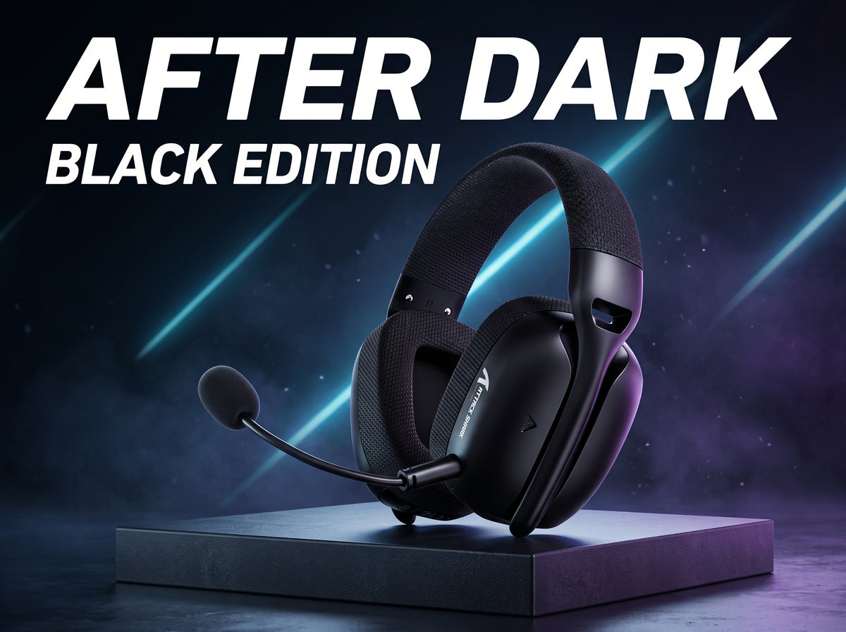 Black ATTACK SHARK L80PRO gaming headset with boom microphone on a display stand