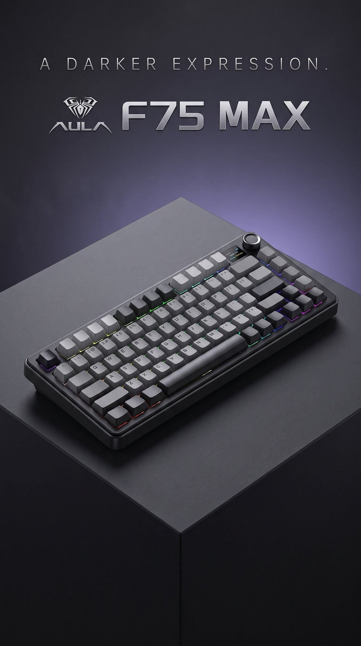 Black AULA F75 MAX mechanical keyboard on a dark pedestal