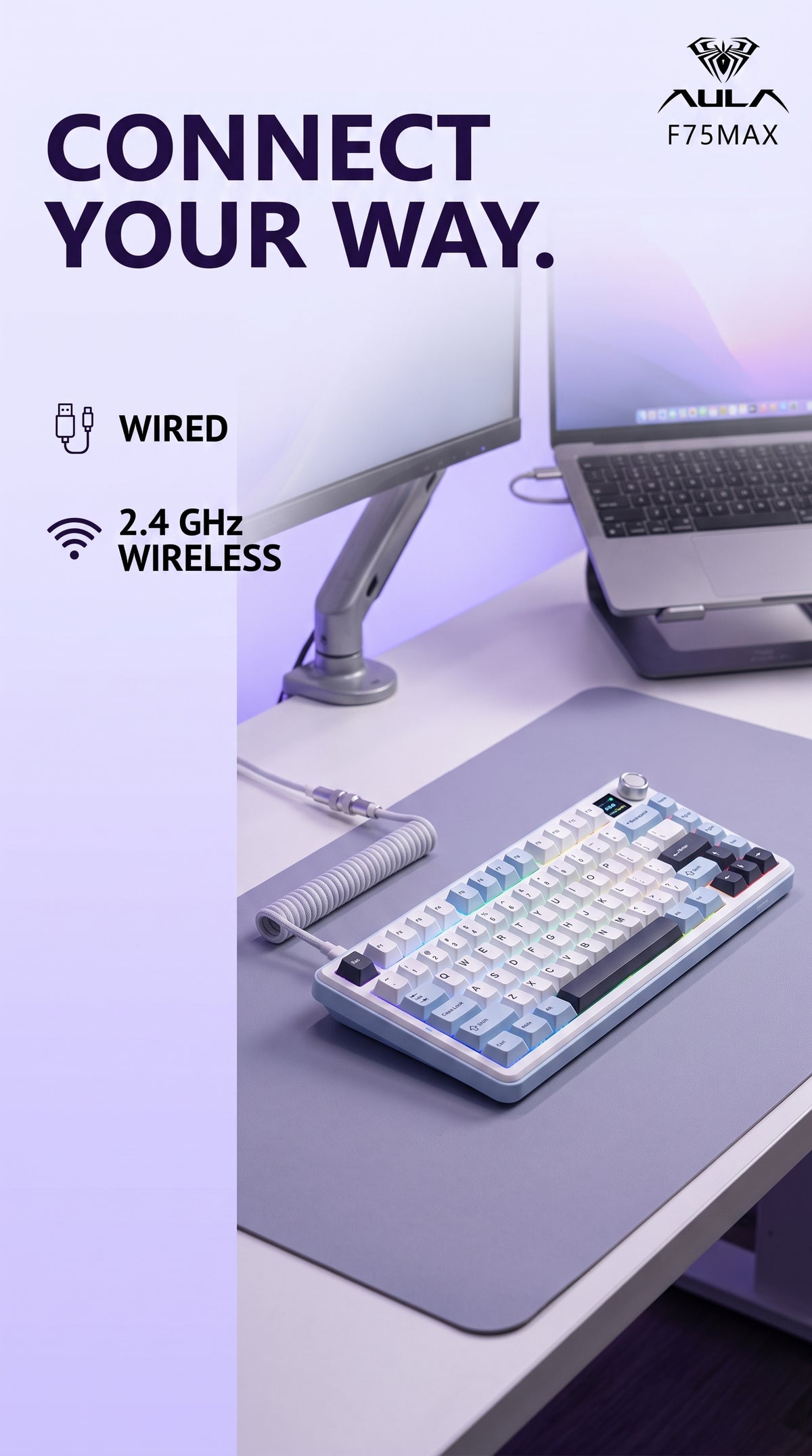 AULA F75 MAX keyboard with wired and 2.4GHz wireless connection options on a desk