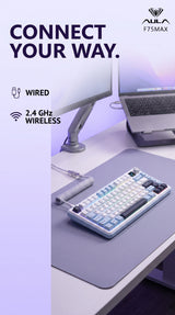 AULA F75 MAX keyboard with wired and 2.4GHz wireless connection options on a desk