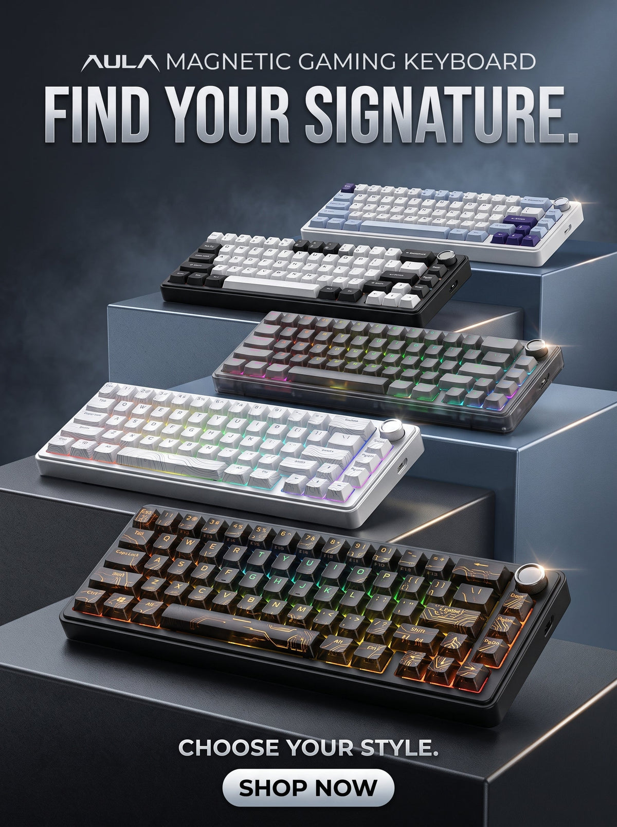 AULA F75 HE magnetic gaming keyboards in several colour styles on display steps