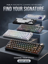 AULA F75 HE magnetic gaming keyboards in several colour styles on display steps