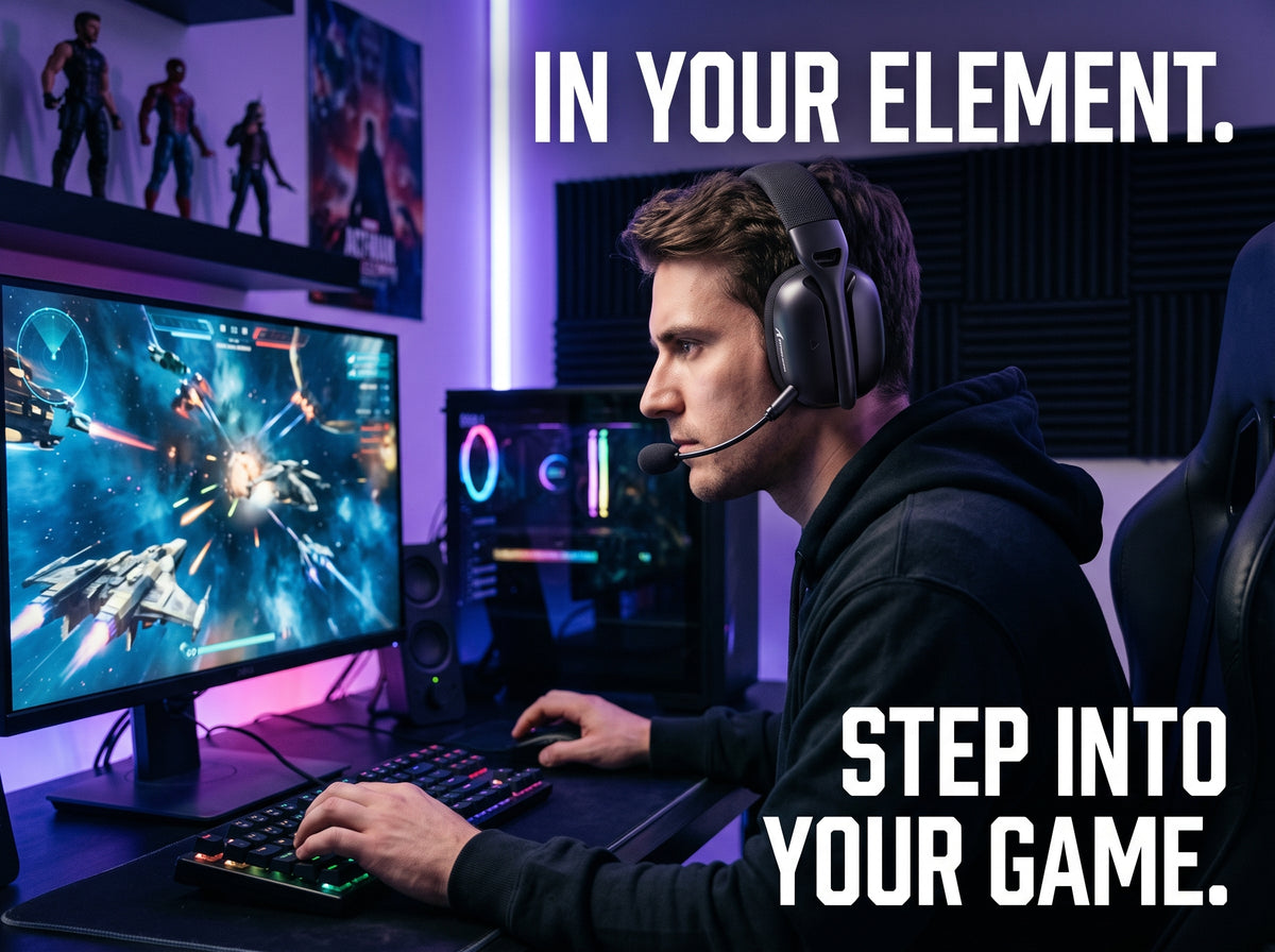 Gamer wearing an ATTACK SHARK L80PRO headset playing at a PC gaming setup