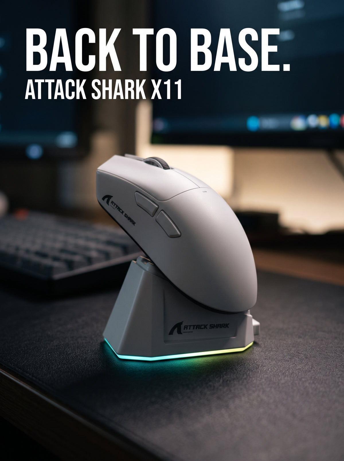 White ATTACK SHARK X11 gaming mouse docked on its RGB charging base