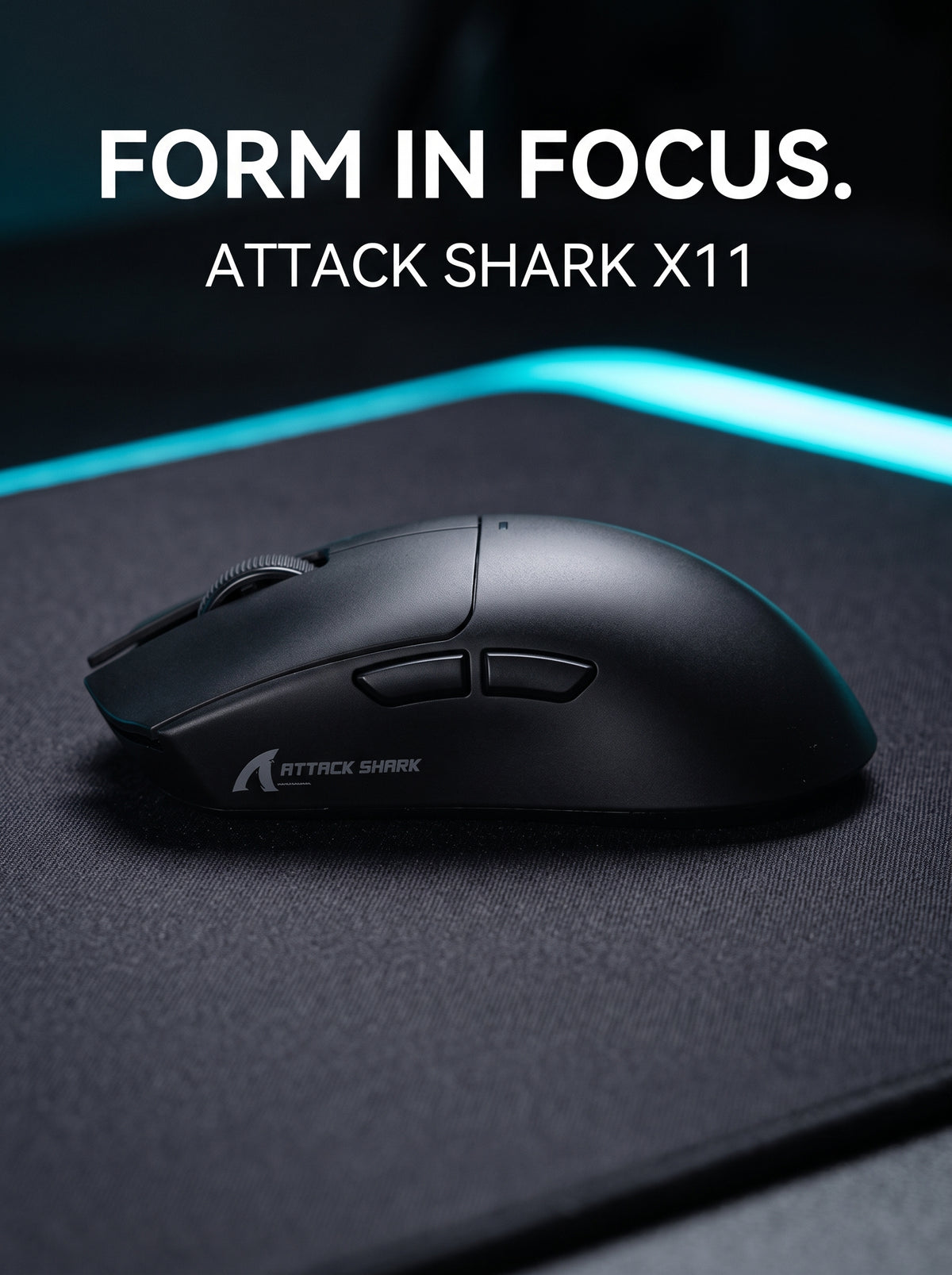 Black ATTACK SHARK X11 wireless gaming mouse on a dark desk mat