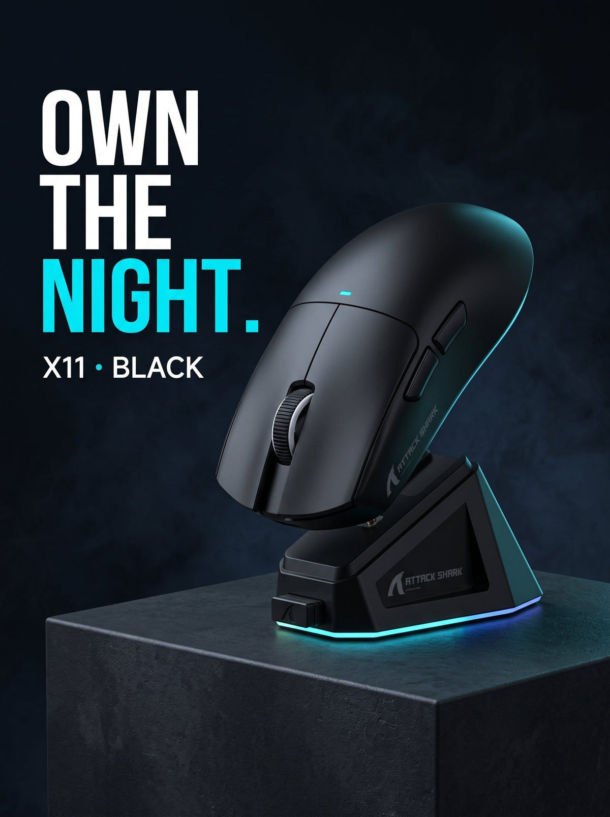 Black ATTACK SHARK X11 gaming mouse on its RGB charging dock