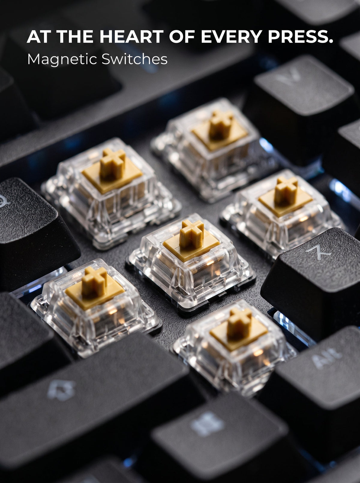 Gold magnetic switches on the AULA F75 HE keyboard close-up
