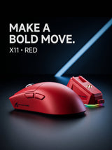 Red ATTACK SHARK X11 gaming mouse beside its RGB charging dock
