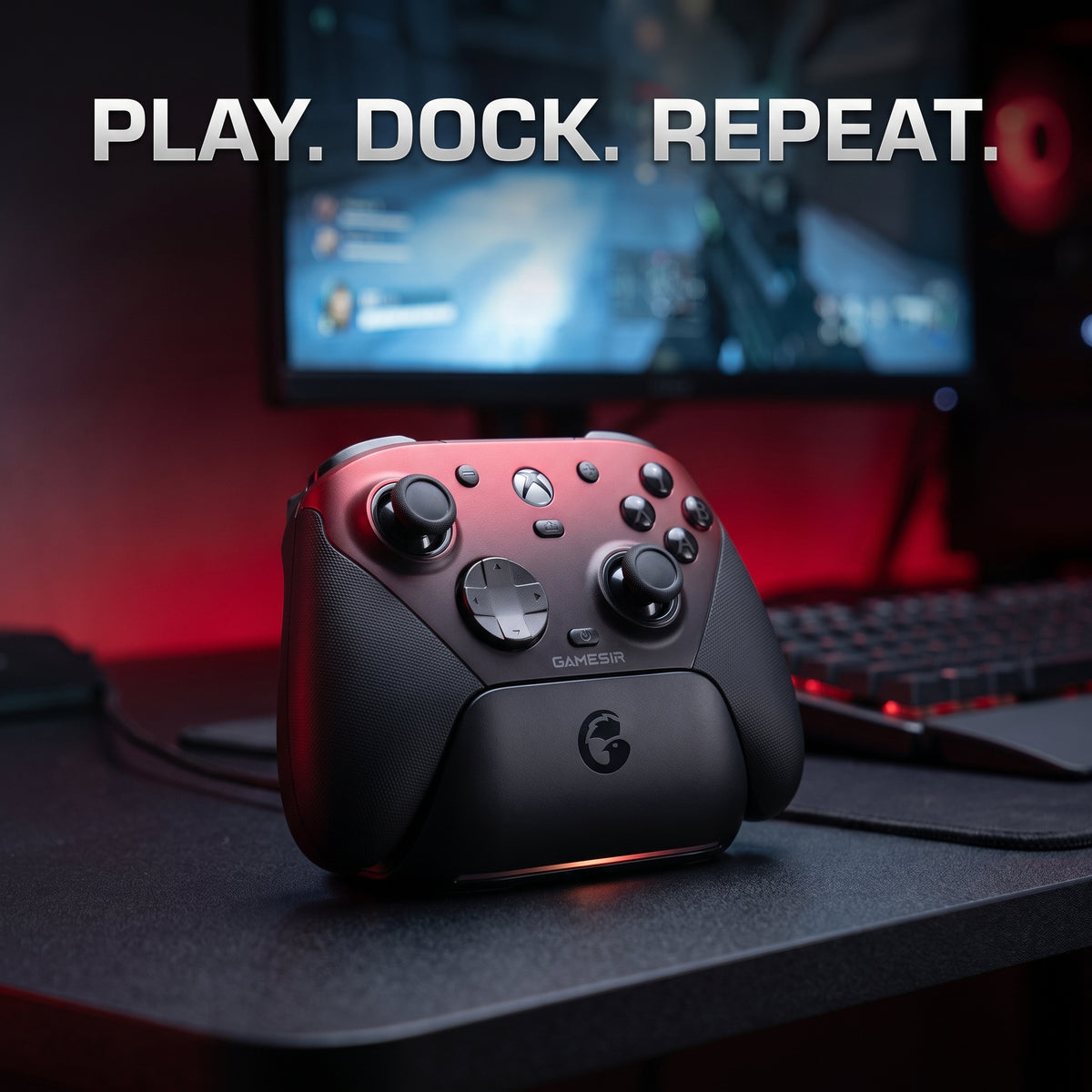 GameSir G7 Pro black and red controller on a charging dock at a gaming desk