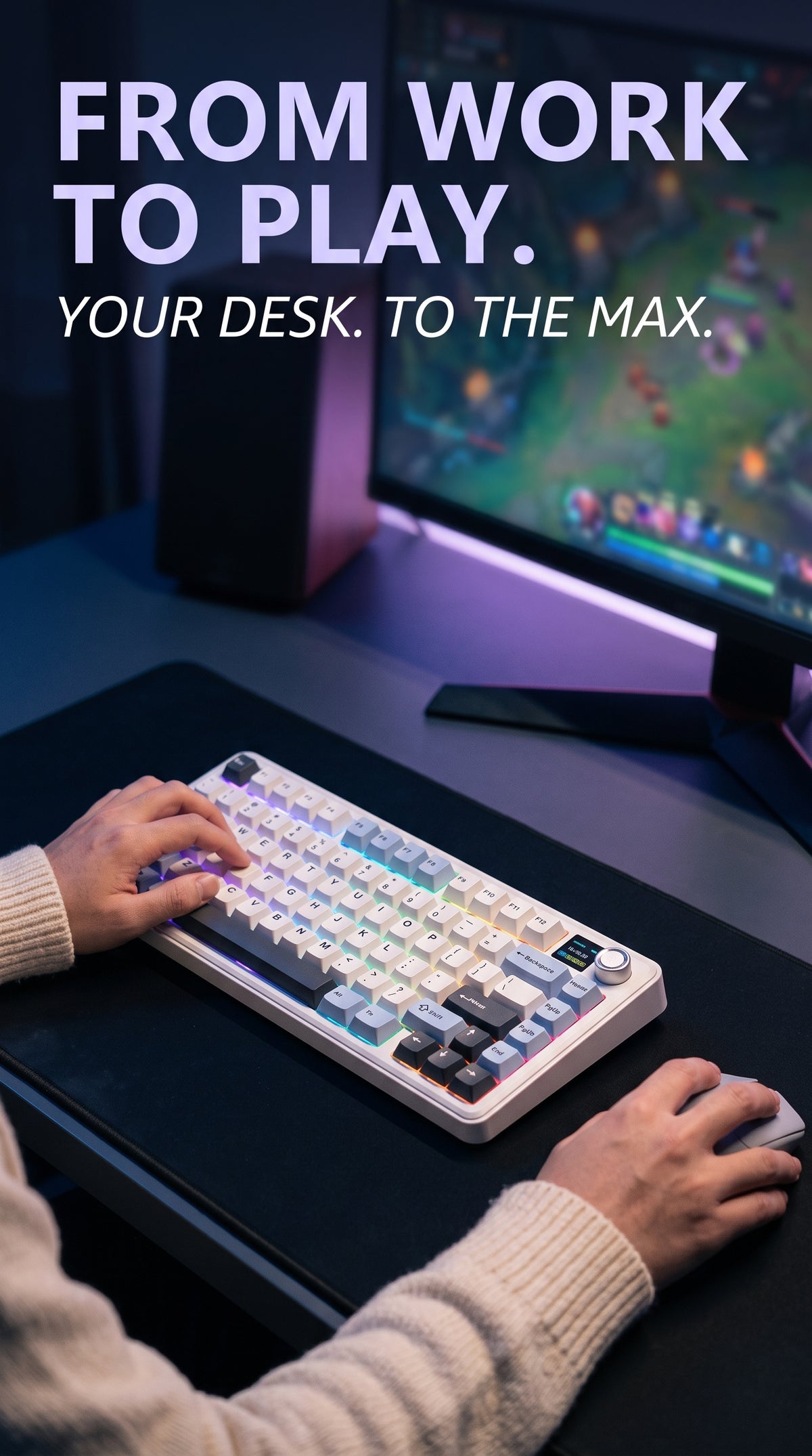 Hands gaming on a white and blue AULA F75 MAX keyboard at a desk with a gaming monitor