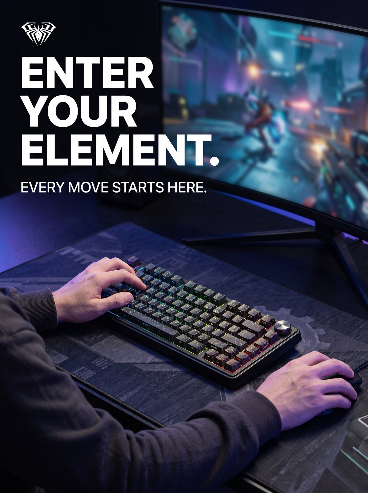 Gamer typing on an AULA F75 HE magnetic keyboard in front of a gaming monitor