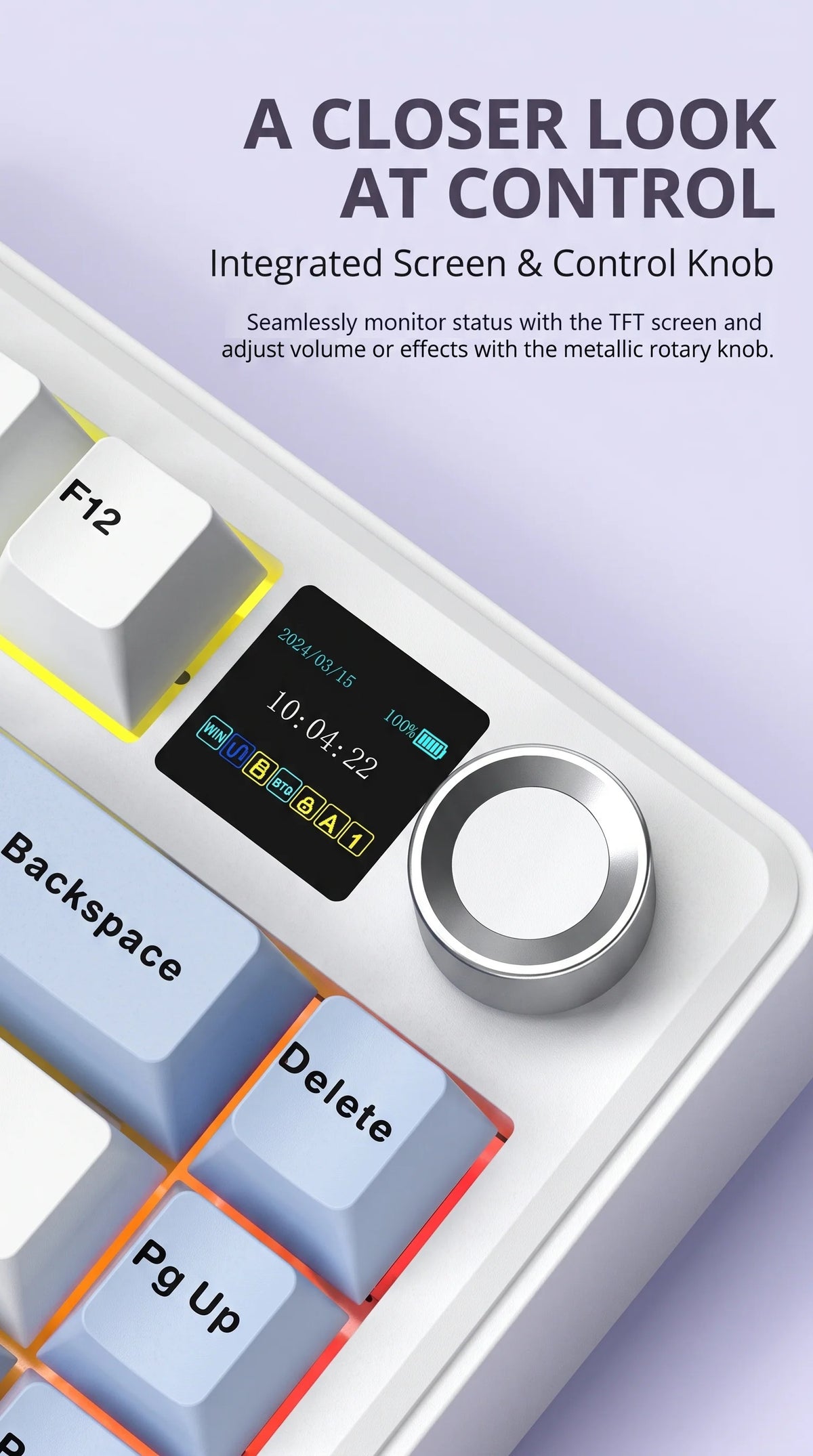 AULA F75 MAX keyboard screen and metal control knob close-up
