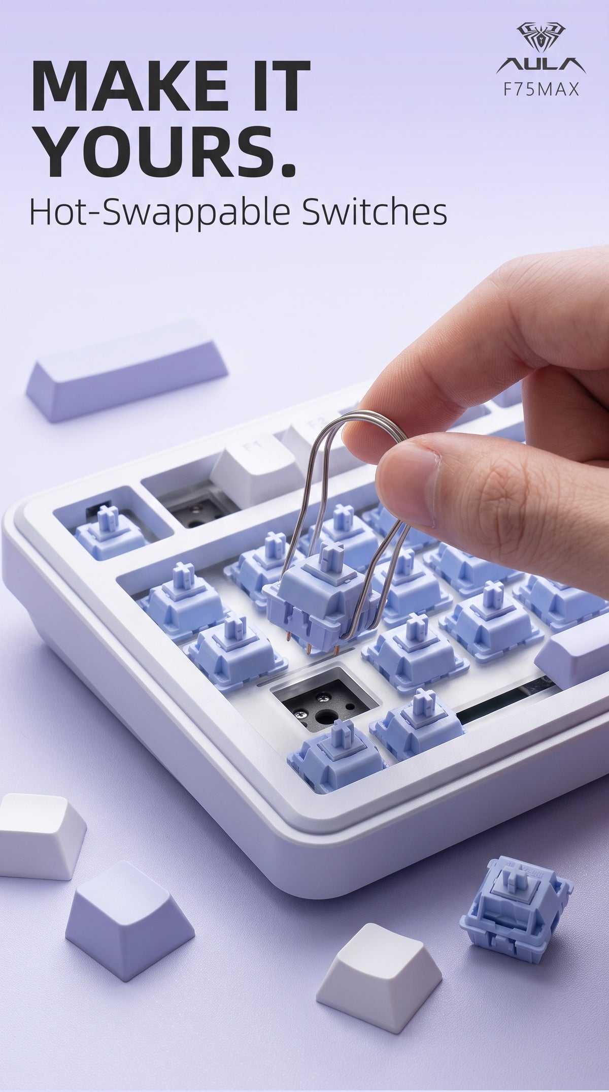 Removing a hot-swappable switch from an AULA F75 MAX keyboard